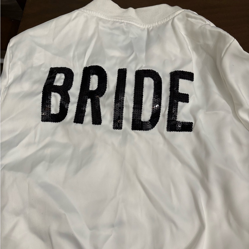 bomber jacket size S medium bride slippers, medium silk bride robe claw clip